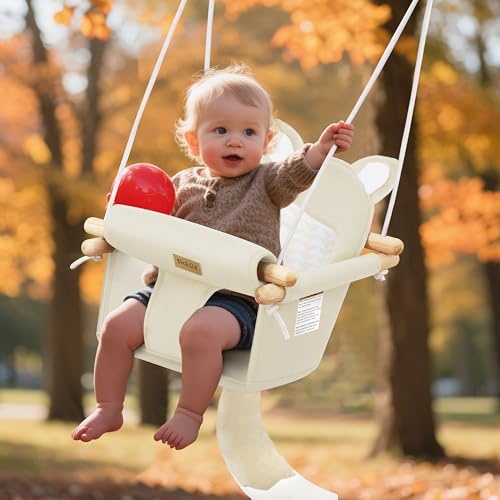 Amazon Wooden Hanging Baby Swing with Soft Safety Belt, Cozy Infant Swing Seat for Indoor & Outdoor Use, Adjustable Height, Includes Mounting Hardware – Suitable for Babies & Toddlers(Fox-Themed in Beige)