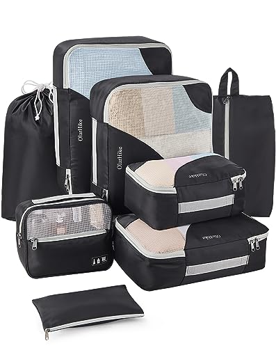 OlarHike 8 Set Packing Cubes for Travel, 4 Various Sizes(Extra Large,Large,Medium,Small), Luggage Organizer Bags for Travel Accessories Travel Essentials, Travel Cubes for Carry on Suitcases (Black)