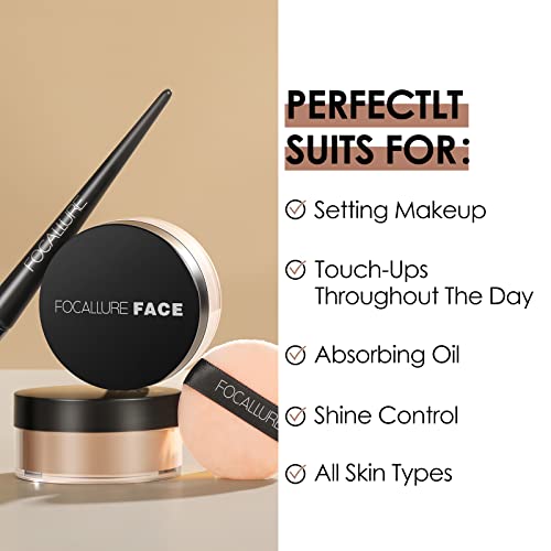 FOCALLURE Oil Control Loose Face Powder, Translucent Loose Setting Powder, Shine-Free Matte Finishing Powder, Long-lasting & Lightweight Sets Foundation Makeup, Includes Velour Powder Puff, Wheat