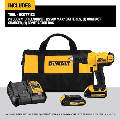 DEWALT 20V Max Cordless Drill/Driver Kit, Includes 2 Batteries and Charger (DCD771C2)