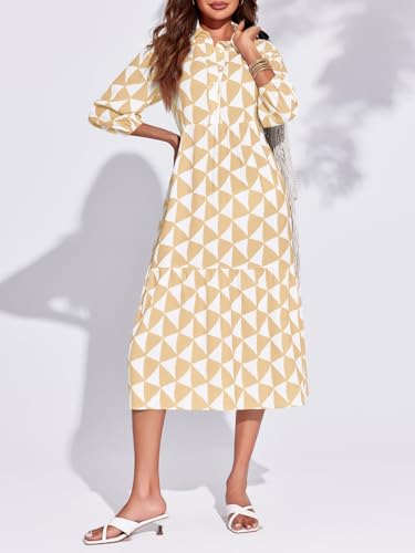 Amazon Wenrine Womens Boho Midi Dress Long Sleeve Casual Color Block Beach Button Down Shirt Dress