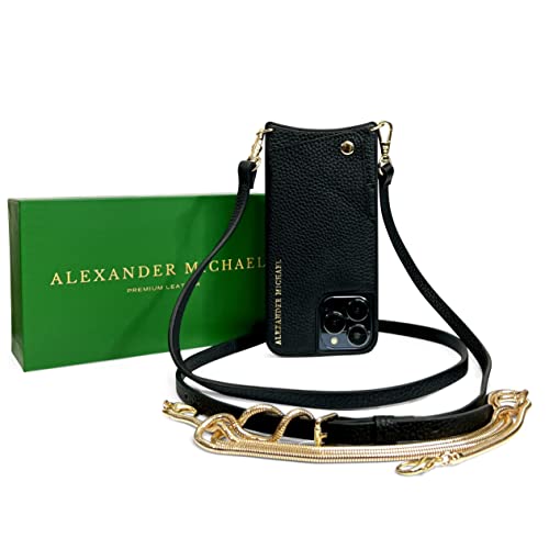 Alexander Michael Iconic Crossbody Phone Case and Wallet with 2 Straps in Premium Leather- Exclusive Wallet Design Features an EZ Pull Out Card Tab- Black Compatible with iPhone 12 and 12 Pro