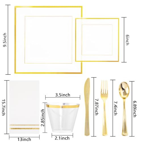 Festiva 350Pcs Clear Plastic Plates with Gold Trim - Clear Gold Disposable Dinnerware for 50Guests include 100 Square Plastic Plates 50Cups 50Cutlery 50Napkins Perfect for Thanksgiving Party&Wedding