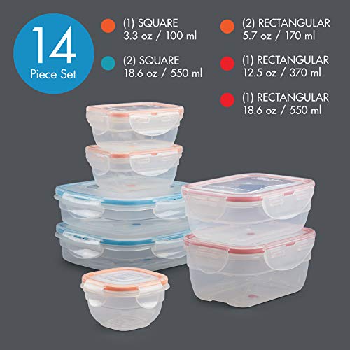 LOCK & LOCK Easy Essentials Color Mates Food Storage lids/Airtight containers, BPA Free, 14 Piece, Clear