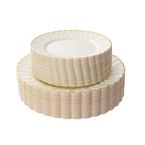 Lullaby 60 Pack Ivory Plastic Plates with Gold Rim, Disposable Elegant Plates Include 30pcs Dinner Plates 10", 30pcs Plastic Dessert Plates 7.5", Perfect for Wedding Party