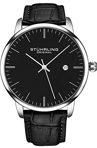 Stuhrling Original Mens Black Watch Calfskin Leather Strap Classic Dress Wrist Watch Minimalist Analog Watch Dial with Date Mens Black Watch