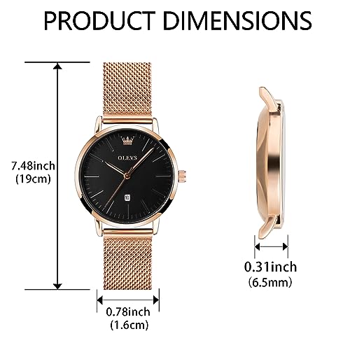 OLEVS Women's 6.5mm Ultra Thin Watch Silver, Rose Gold Stainless Steel Watch with Date, Quartz Analog Waterproof Mesh Bracelet Ladies Watch Small Wrist