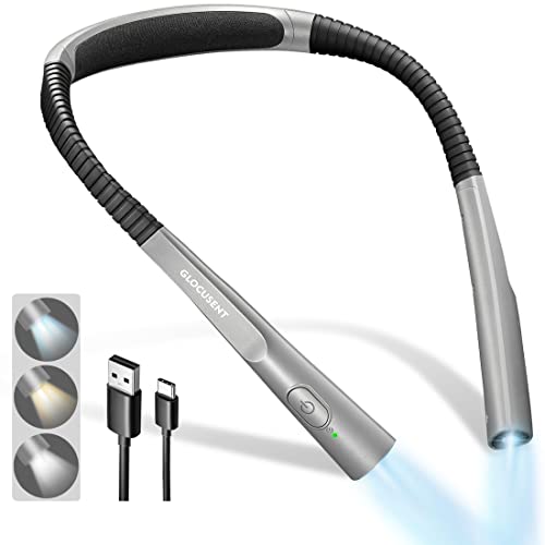 Glocusent Upgraded LED Neck Reading Light, Book Light for Reading in Bed, 30-min Timer, 3 Colors & 3 Brightness Adjustable, Rechargeable & Long Lasting, Perfect for Reading, Knitting & Repairing