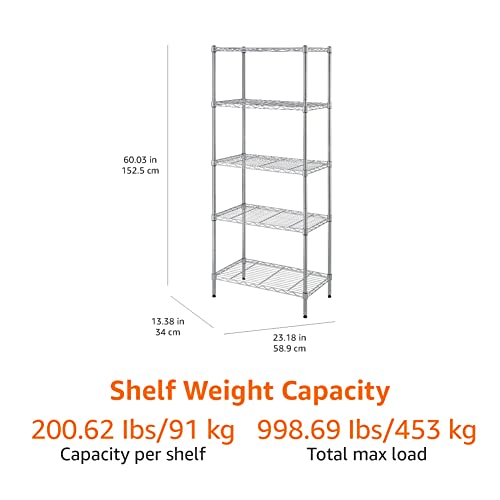 Amazon Basics 5-Shelf Narrow Adjustable Storage Shelving Unit, 200 Pound Loading Capacity per Shelf, Steel Organizer Wire Rack, 23.2 x 13.4 x 60 inches (LxWxH), Chrome