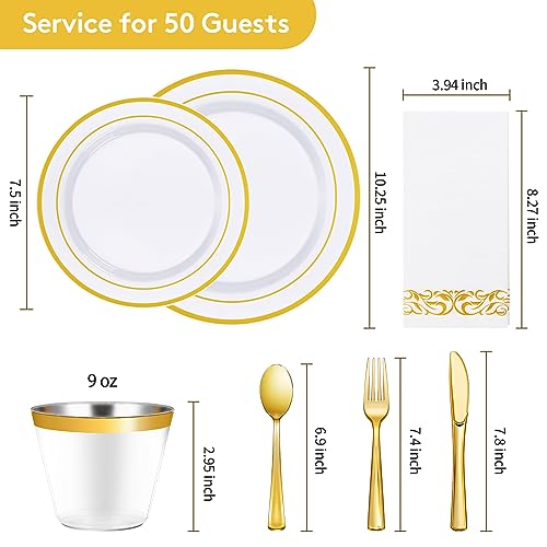 350 Piece Gold Dinnerware Set for 50 Guests, Plastic Plates Disposable for Party, Include: 50 Gold Rim Dinner Plates, 50 Dessert Plates, 50 Paper Napkins, 50 Cups, 50 Gold Silverware Set