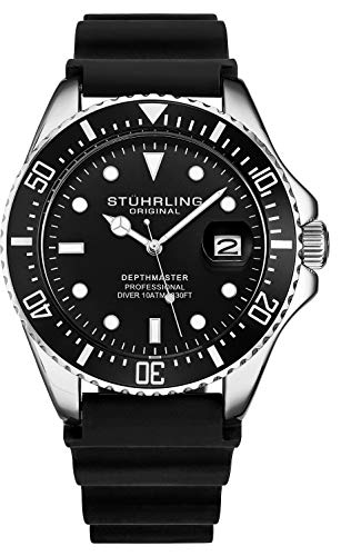 Stuhrling Original Men's Watch Dive Watch Silver 42 MM Case with Screw Down Crown Rubber Strap Water Resistant to 330 FT