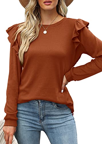 Dofaoo Long Sleeve Shirts for Women Casual Crewneck Ruffle Tops Loose Fit