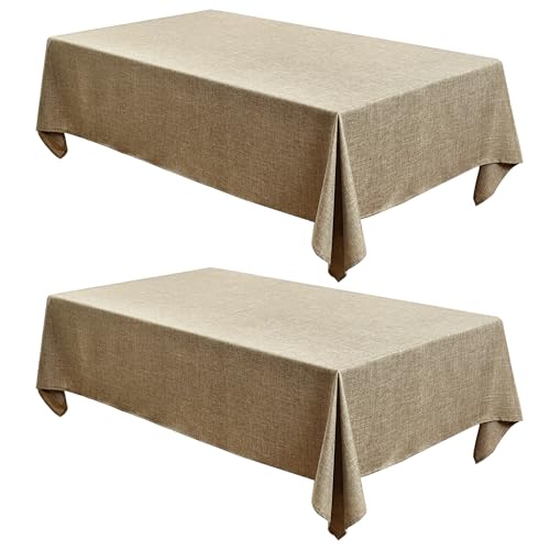 Fitable Faux Linen Table Clothes Rectangle 60 x 120 Inch - 2 Pack Khaki Tablecloths for 8 Foot Tables, Faux Burlap Kitchen Table Covers for Dining, Party, Farmhouse, Banquet, Buffet