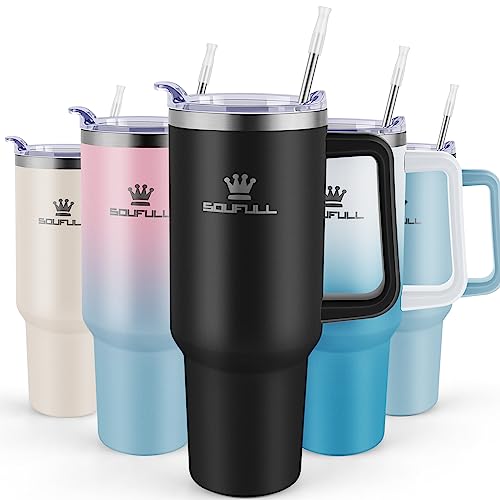 40 oz Tumbler with Handle and Straw Lid, 100% Leak-proof Travel Coffee Mug, Stainless Steel Insulated Cup for Hot and Cold Beverages, Keeps Cold for 34Hrs or Hot for 10Hrs, Dishwasher Safe (Black)