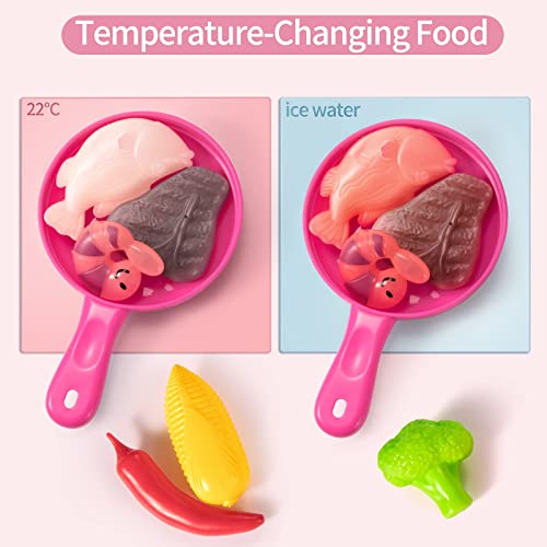 Temi Play Kitchen Pretend Food Playset - 53 PCS Pink Kitchen Toys for Toddlers, Toy Accessories Set w/ Real Sounds and Light, Outdoor for Kids, Girls & Boys