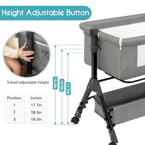 3 in 1 Baby Bassinet, Bedside Sleeper with Storage Basket and Wheels, Bedside Crib for Baby, Adjustable and Movable Baby Cradle with Mosquito Nets, Easy Folding Baby Bed (Grey)