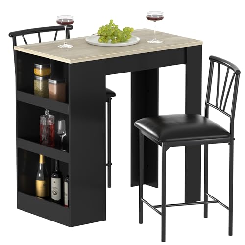 Amazon VECELO Small Bar Table and Chairs Tall Kitchen Breakfast Nook with Stools/Dining Set for 2, Storage Shelves, Space-Saving, Gray