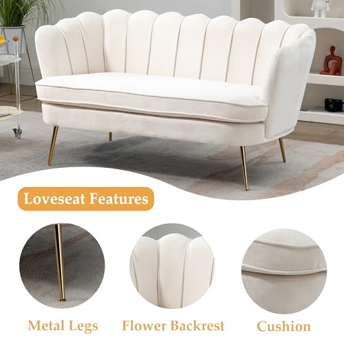 Amazon 59” Small Modern Chenille Loveseat Sofa, 2-Seater Sofa with Gold Metal Legs, Small Couch with Flower Shaped Back for Living Room Bedroom Office (Beige & Chenille)