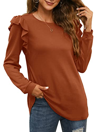 Dofaoo Long Sleeve Shirts for Women Casual Crewneck Ruffle Tops Loose Fit