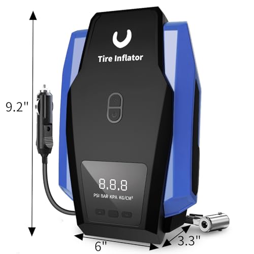 Amazon Tire Inflator Portable Air Compressor - Air Pump for Car Tires - 12V DC Tire Pump with Auto Shutoff Function & LED Light for Cars, Bicycles, Motorcycles, Blue, Large