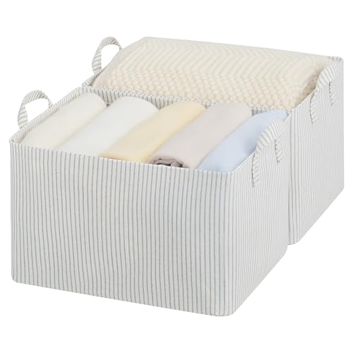 Amazon StorageWorks Storage Bins, Fabric Storage Bins for Shelves, Large Storage Baskets with Metal Frame, Closet Baskets and Bins with Handles, Khaki and Beige Stripes, 2-Pack
