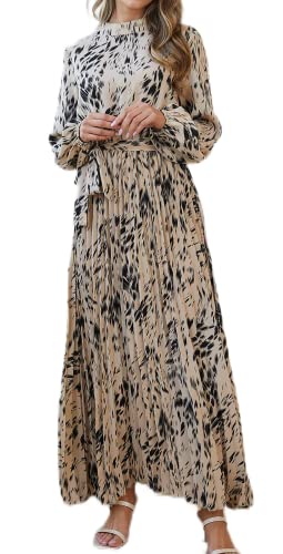 R.Vivimos Fall Dresses for Women Long Sleeve Pleated Casual Mock Neck Elegant Print Maxi Dress with Belt