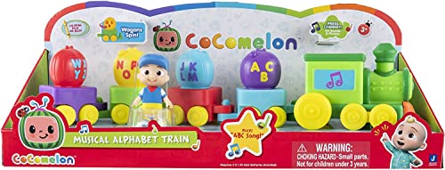 Cocomelon Musical Alphabet Train with JJ-Features Alphabet Train with Music,Sounds & Phrases-4 Alphabet Wagons,1 JJ Conductor Figure-Plays Clips of ‘ABC Song’-Toys for Kids and Preschoolers