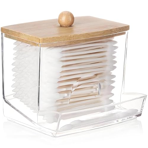 Amazon AXX Qtip Dispenser Apothecary Jars Bathroom - Qtip Holder Storage Canister Clear Plastic Jar for Cotton Swab,Q-Tips,Cotton Rounds (B#Bamboo 1Pcs)