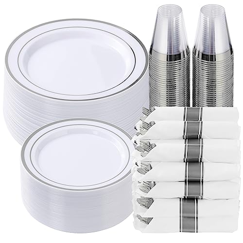 350 Piece Silver Plastic Dinnerware Set for 50 Guests, Fancy Disposable Plates for Party, Include: 50 Dinner Plates, 50 Dessert Plates, 50 Pre Rolled Napkins with Silver Silverware, 50 Cups