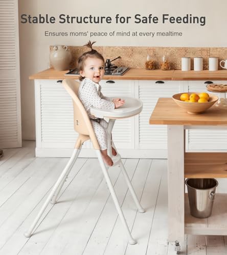 Amazon Mallify Foldable High Chair, Space-Saving Portable Baby High Chair with Removable Double Tray, Modern Convertible Baby Feeding Chair, Lightweight, Easy to Clean, Beige