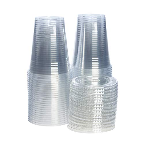 Comfy Package [16 oz. - 100 Sets Clear Plastic Cups With Flat Lids