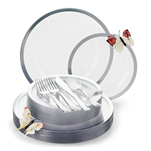 By Madee: Heavyweight Plastic Plates Disposable Dinnerware Set - Silver & Clear 150 Piece Plates Set for 25 Guests - Dinner & Salad Plates, Silverware & Gift of 3D Butterflies - Premium Party Supplies