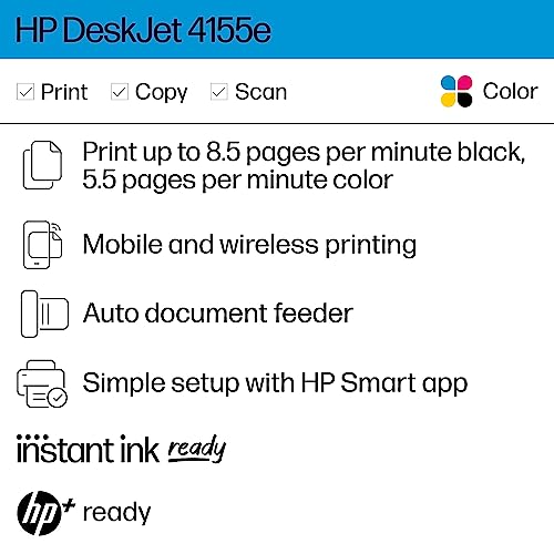 HP DeskJet 4155e Wireless Color Inkjet Printer, Print, scan, copy, Easy setup, Mobile printing, Best-for home, Instant Ink with HP+,white