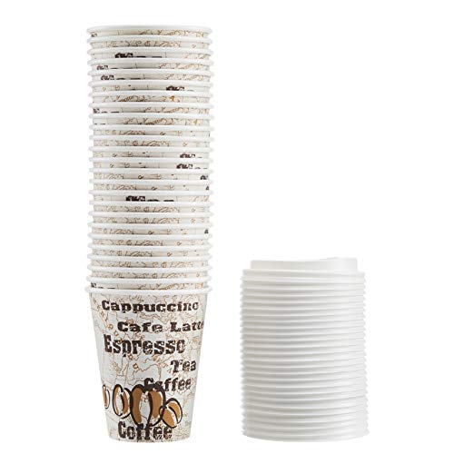Amazon Amazon Basics to Go Hot Paper Coffee Cups with Lids, 12 oz, Café Design, Disposable, 100-Count