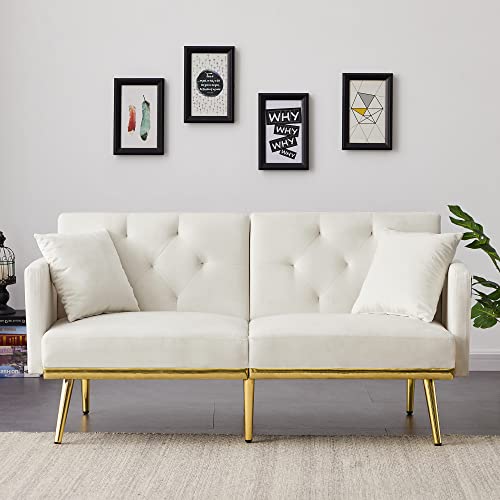Amazon Velvet Tufted Futon Sofa Couch Bed Folding Convertible Loveseat Sleeper Sofabed Adjustable Reversible Love Seat Daybed Sofacama with Golden Metal Legs and 2 Pillows for Living Room Apartment Office