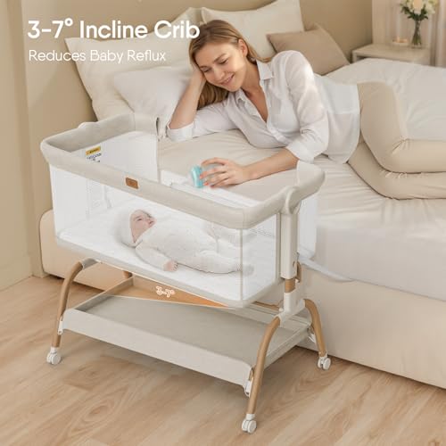 Amazon Baby Bassinet Bedside Crib, 3-in-1 Baby Bassinet Bedside Sleeper with Mattress and Soft, Breathable Sheet, Full-Mesh Sides, 6-Height Adjustable, Stable and Secure Crib for Newborns