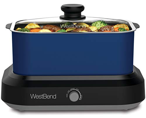 West Bend 87906B Slow Cooker, Large-Capacity Non-Stick Crockpot with Variable Temperature Control, Travel Lid and Thermal Carrying Case, 6 Qt, Blue