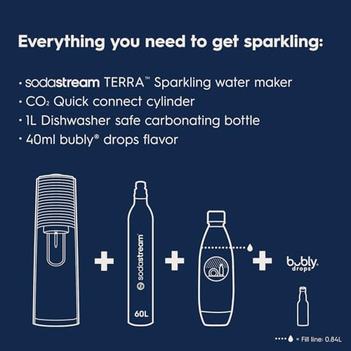 SodaStream Terra Sparkling Water Maker (Black) with CO2, DWS Bottle and Bubly Drop, Battery Powered