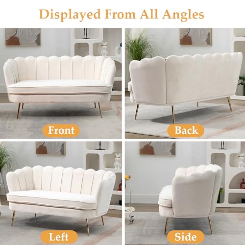Amazon 59” Small Modern Chenille Loveseat Sofa, 2-Seater Sofa with Gold Metal Legs, Small Couch with Flower Shaped Back for Living Room Bedroom Office (Beige & Chenille)
