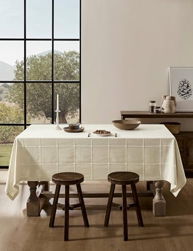 ZeeMart Grid Embroidered Hemmed Tablecloths, Ivory 60x120 Inch, Farmhouse Style Heavy Weight Cotton Linen Ivory Tablecloths, Boho Plaid Water Resistant Rectangle Table Cloth