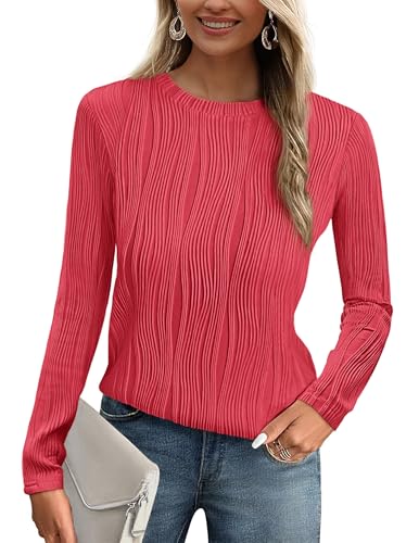 Amazon PRETTYGARDEN Long Sleeve Tops for Women 2025 Spring Fall Trendy Business Dressy Casual Shirts Crewneck Textured Blouse