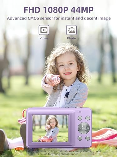 Digital Camera, FHD 1080P Kids Camera 44MP Point and Shoot Digital Cameras with 32GB Memory Card, 16X Zoom, Two Batteries, Lanyard, Compact Small Camera Gift for Kids Boys Girls Students, Purple