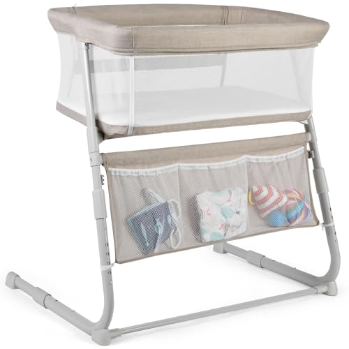 Amazon Cowiewie Bassinet Bedside Sleeper,Baby Bassinet Slides Over Bed,5-Position Height Adjustment & Breathable All-Mesh Wall Bedside Bassinet for Baby,Space-Saving Bedside Crib, Height(37.4-41.3"), Beige