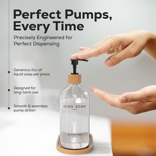 Clear Glass Dish Soap Dispenser for Kitchen Sink by Brighter Barns - Kitchen Soap Dispenser Set with Bamboo Tray - Modern Kitchen Decor and Accessories, Minimalist Decor, Neutral Home Decor (Clear)