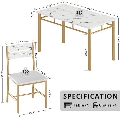 Amazon IRONCK Dining Table Set for 4, Wood Kitchen Table with Upholstered Chairs for Kitchen & Dining Room, Compact Dining Set for Small Spaces, White & Gold