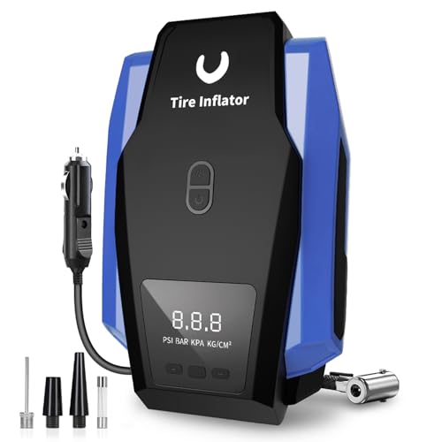 Amazon Tire Inflator Portable Air Compressor - Air Pump for Car Tires - 12V DC Tire Pump with Auto Shutoff Function & LED Light for Cars, Bicycles, Motorcycles, Blue, Large
