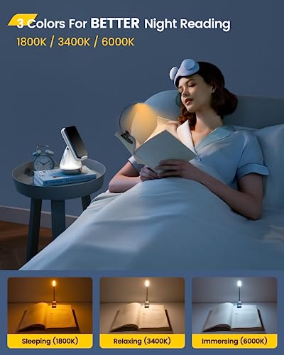 Glocusent Willow Book Light for Reading in Bed, 10LED Bright Reading Light, 3 Colors & 3 Brightness, Rechargeable Book Light Lasts for 80hr, Lightweight Clip on Book Light, Perfect for Book Lovers