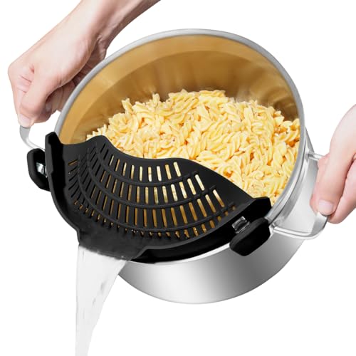 Amazon Large AUOON Clip on Strainer for All Pots and Pans - Oversized Silicone Pot Strainer Family-Style Design Pasta Strainer Kitchen Colander for Spaghetti and Noodles | Dishwasher Safe
