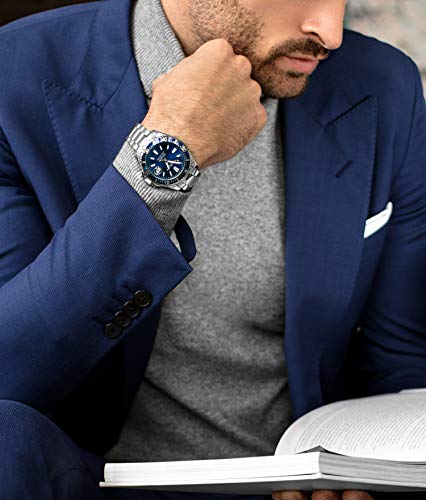 Stuhrling Original Men's Watches Pro Dive Watch Sports Watch with 42 MM Case Blue Dial Stainless Steel Silver Bracelet Diving Watch for Men