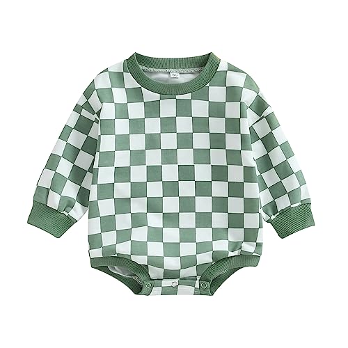 Karuedoo Baby Boy Girl Checkered Sweatshirt Romper Oversized Long Sleeve Bubble Romper Top Neutral Baby Fall Clothes